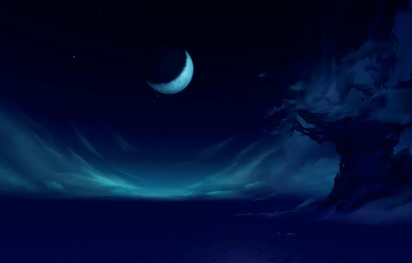 Photo wallpaper clouds, landscape, night, tree, the moon