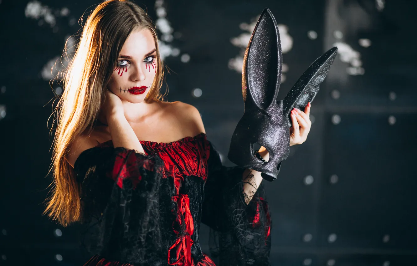 Photo wallpaper autumn, girl, the dark background, holiday, makeup, pumpkin, Halloween, witch