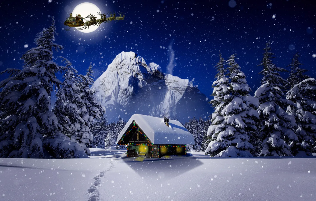 Photo wallpaper winter, The moon, Christmas, Santa, house, deer