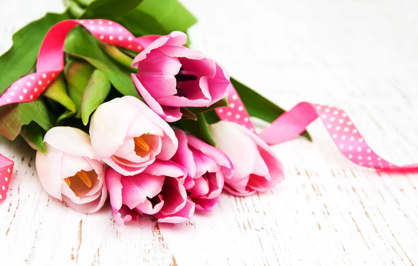 Photo wallpaper table, Olena Rudo, bouquet, tulips, pink, pink ribbon
