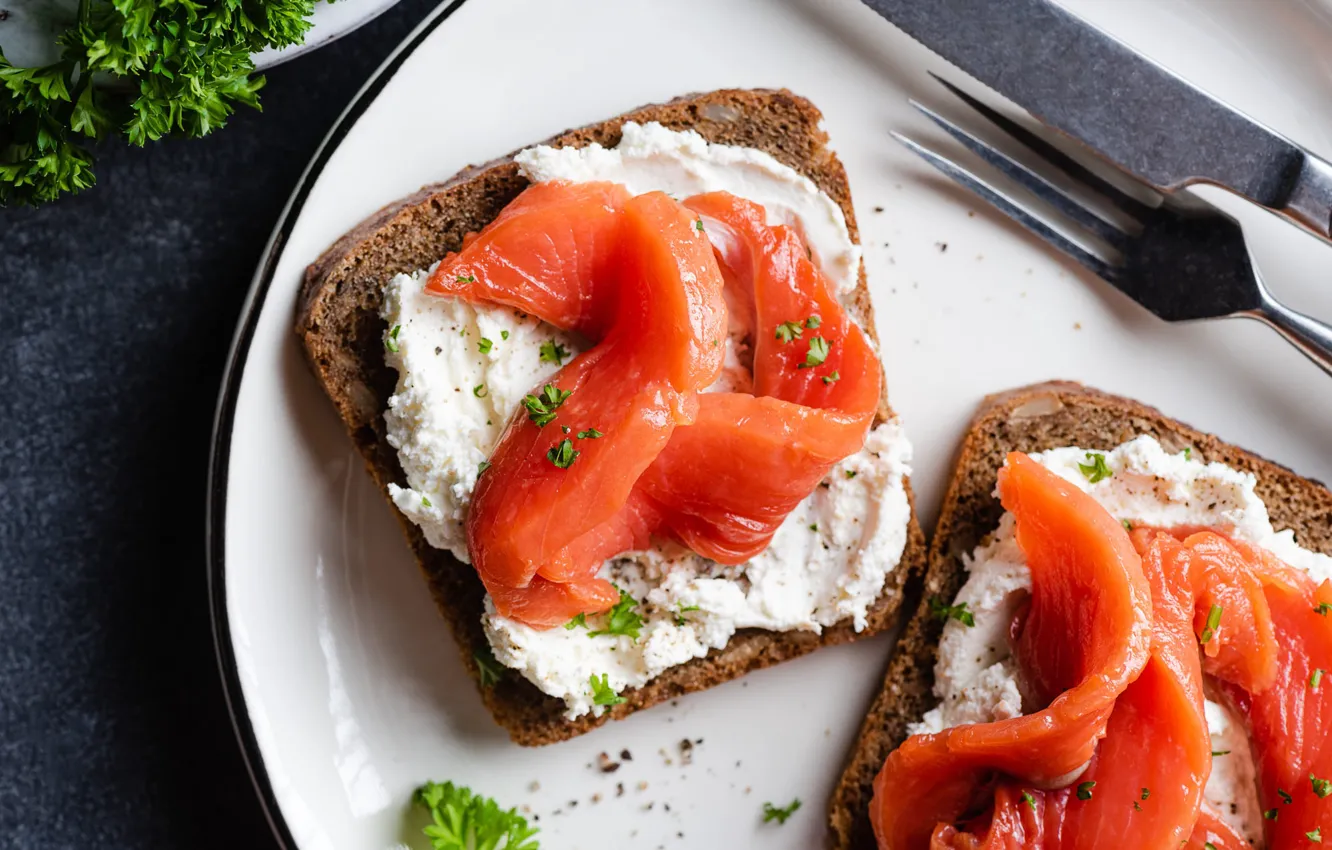 Photo wallpaper greens, red, fish, plate, knife, plug, cheese, piece