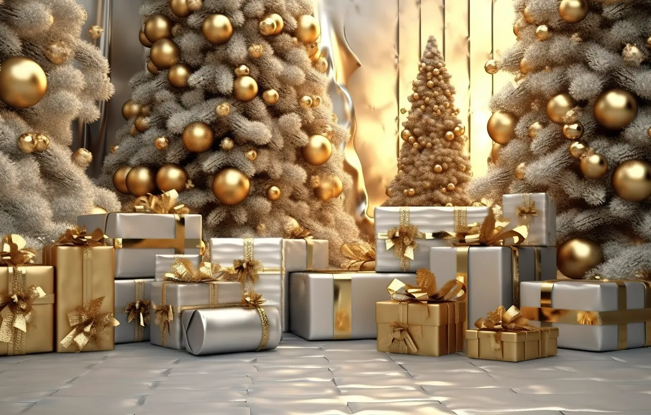 Photo wallpaper decoration, room, gift, balls, tree, new year, interior, Christmas
