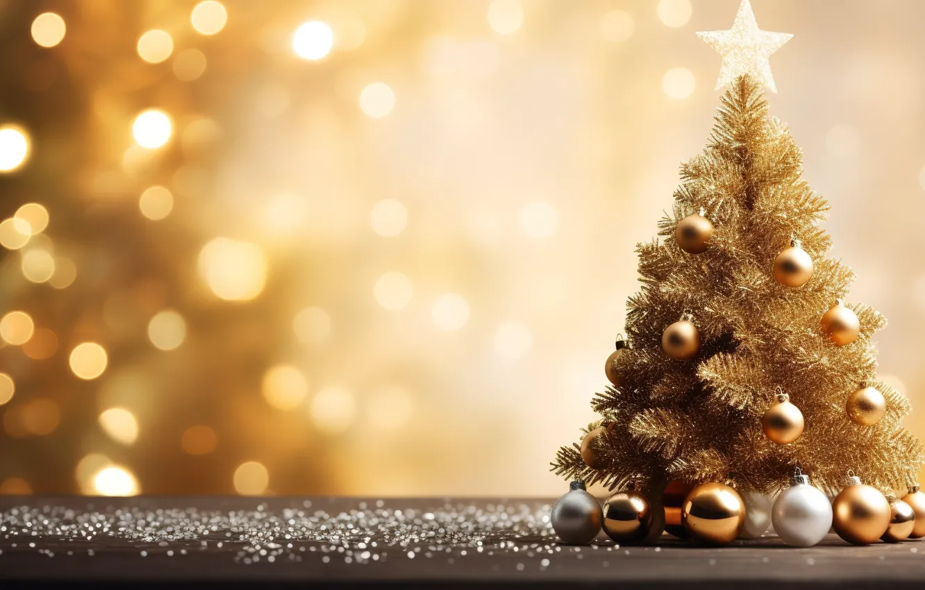 Photo wallpaper decoration, balls, tree, new year, Christmas, golden, Christmas, balls