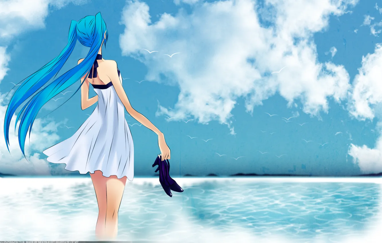 Photo wallpaper sea, the sky, girl, birds, shoes, vocaloid, hatsune miku