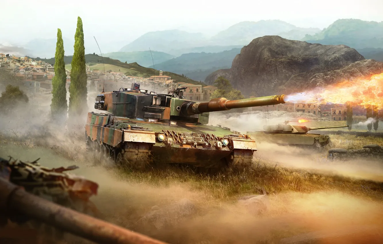 Photo wallpaper mountains, lights, shot, tank, War Thunder