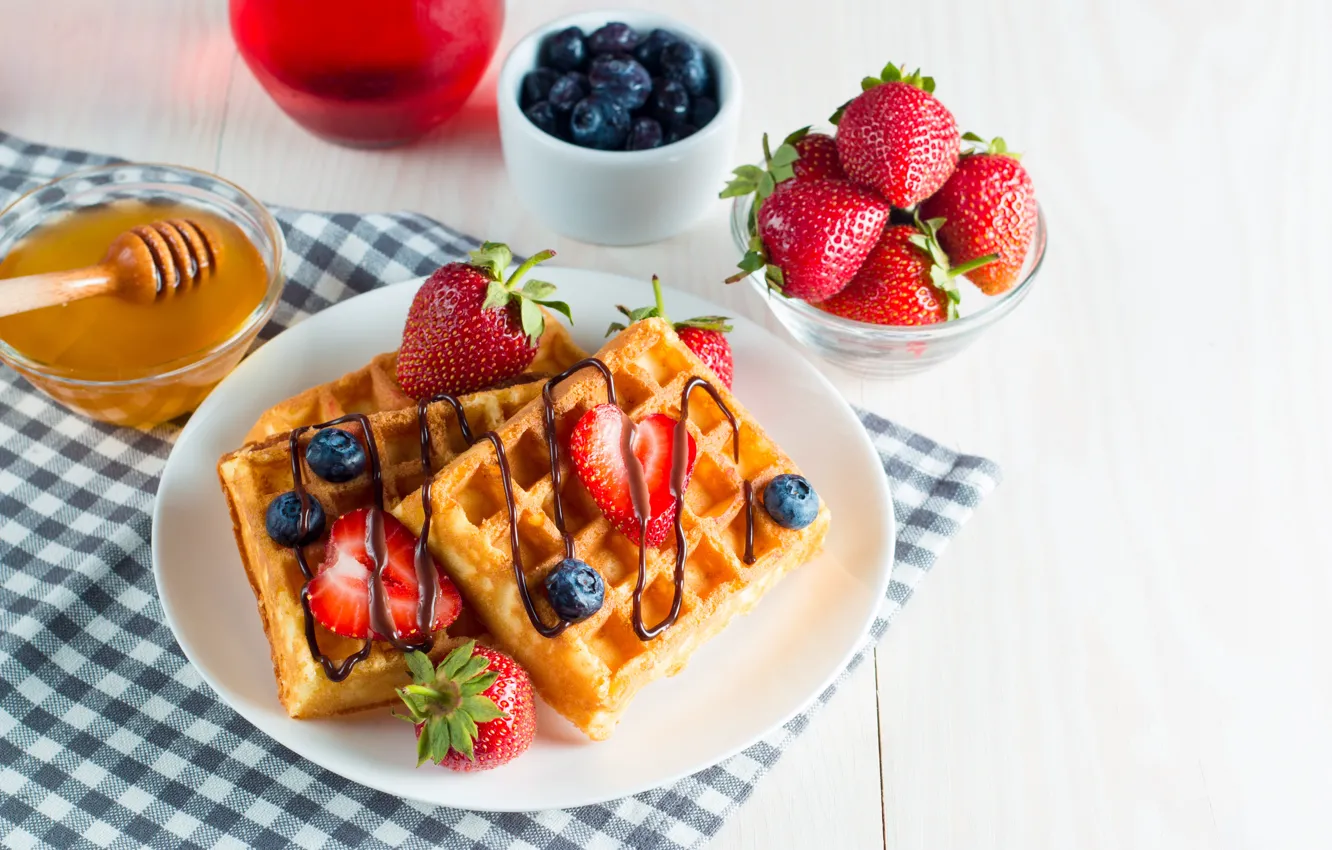 Photo wallpaper berries, chocolate, Breakfast, strawberry, honey, waffles