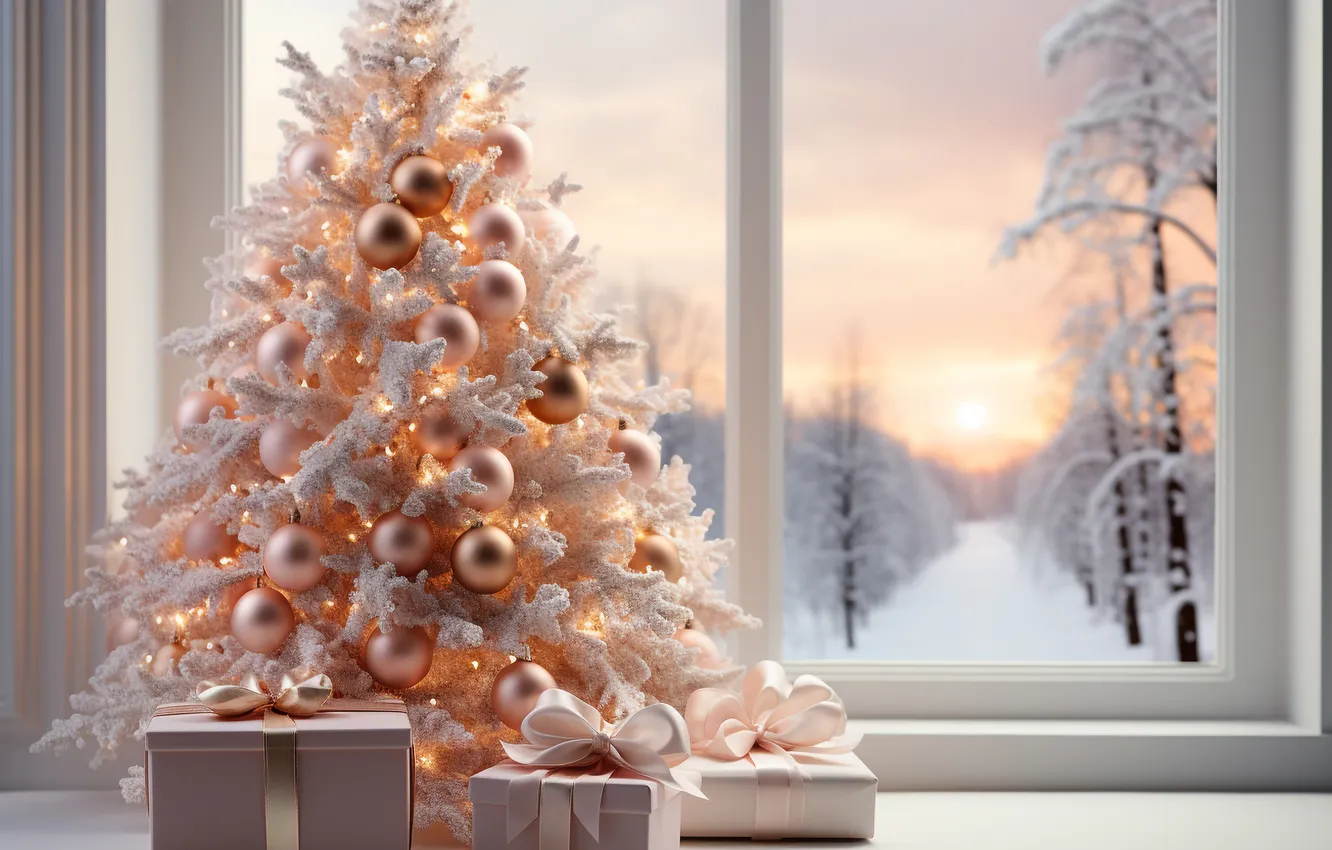 Photo wallpaper winter, snow, decoration, room, tree, new year, interior, Christmas