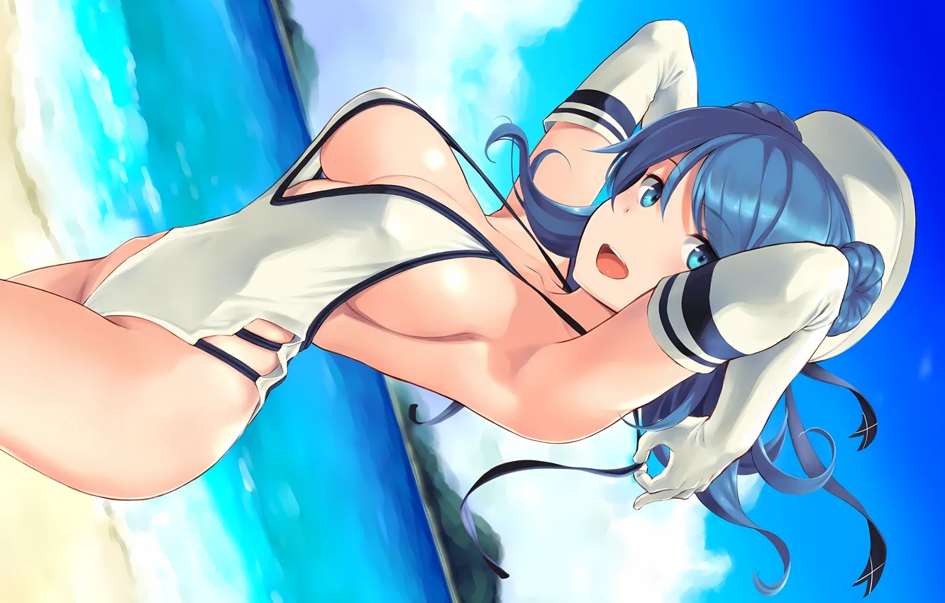 Photo wallpaper girl, sexy, cleavage, beach, sky, sea, boobs, anime