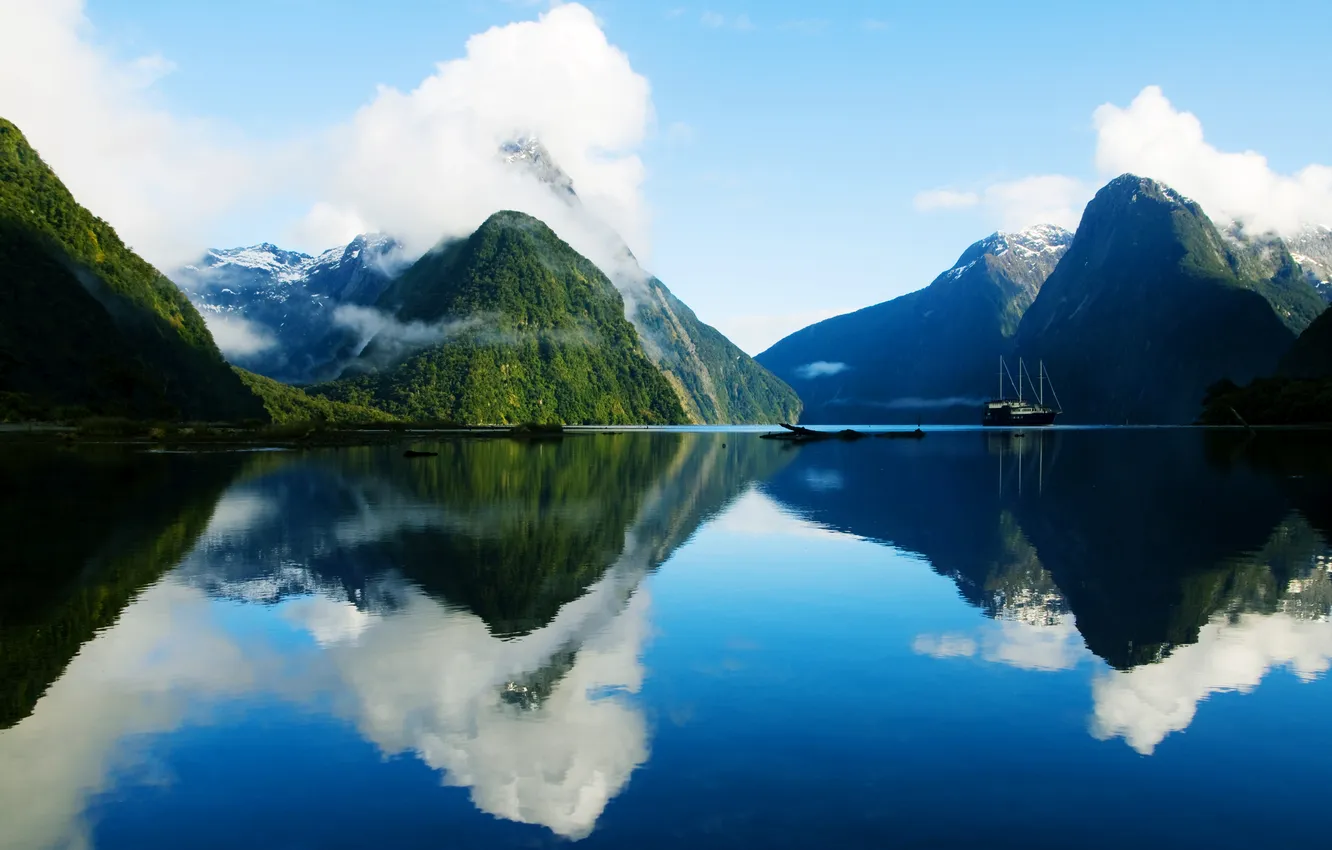 Photo wallpaper mountains, fog, lake, morning, mountains, lake, morning, fog