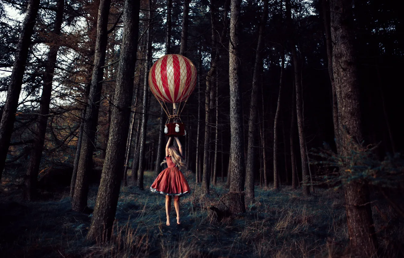 Photo wallpaper forest, trees, balloon, the situation, girl, flight