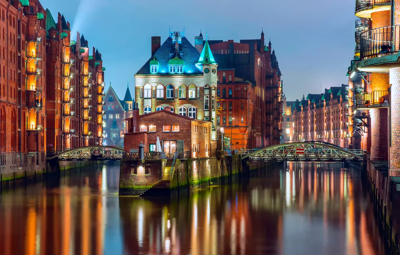 Photo wallpaper light, bridge, the city, lights, home, the evening, Germany, backlight