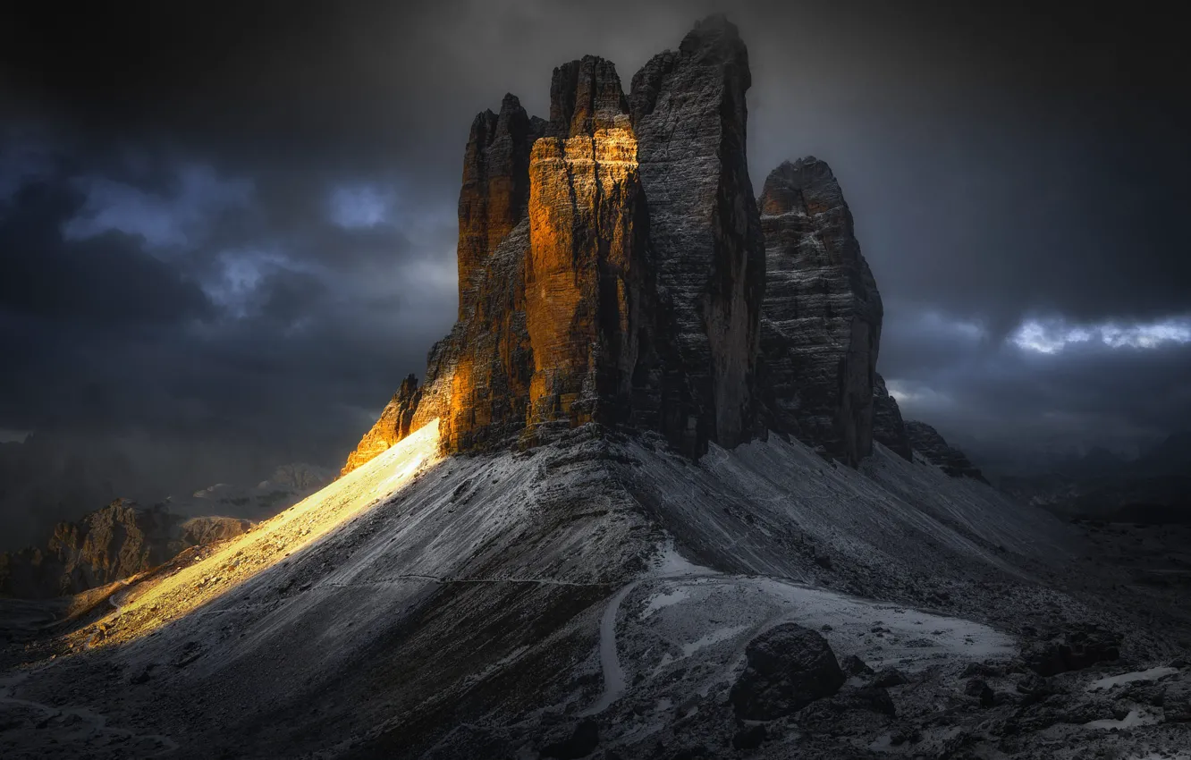 Photo wallpaper light, mountains, clouds, tops, twilight, The Dolomites