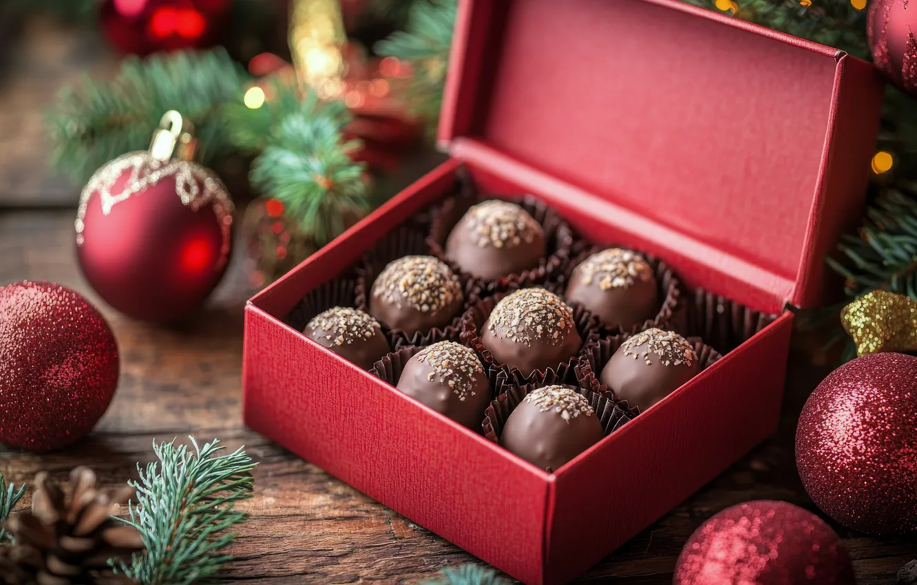 Photo wallpaper balls, red, box, Board, new year, Christmas, candy, needles