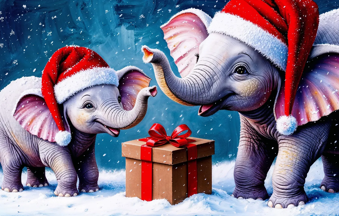 Photo wallpaper winter, snow, joy, smile, box, gift, elephant, Christmas