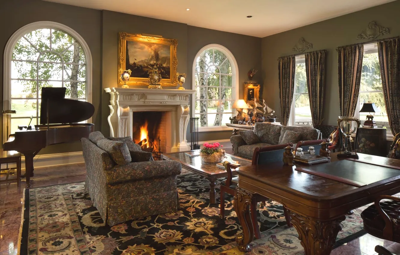 Photo wallpaper design, lights, table, sofa, piano, fireplace