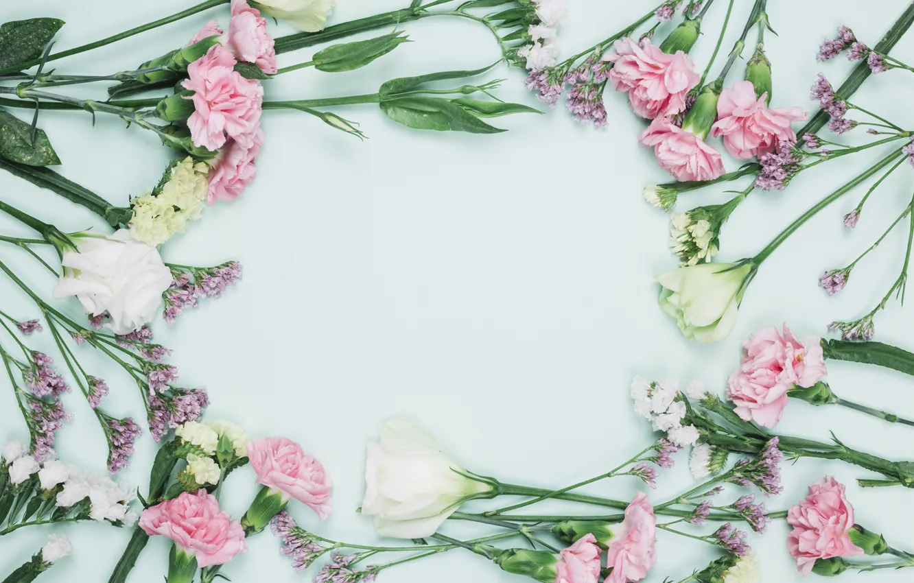 Photo wallpaper flowers, background, composition, eustoma, clove, frame