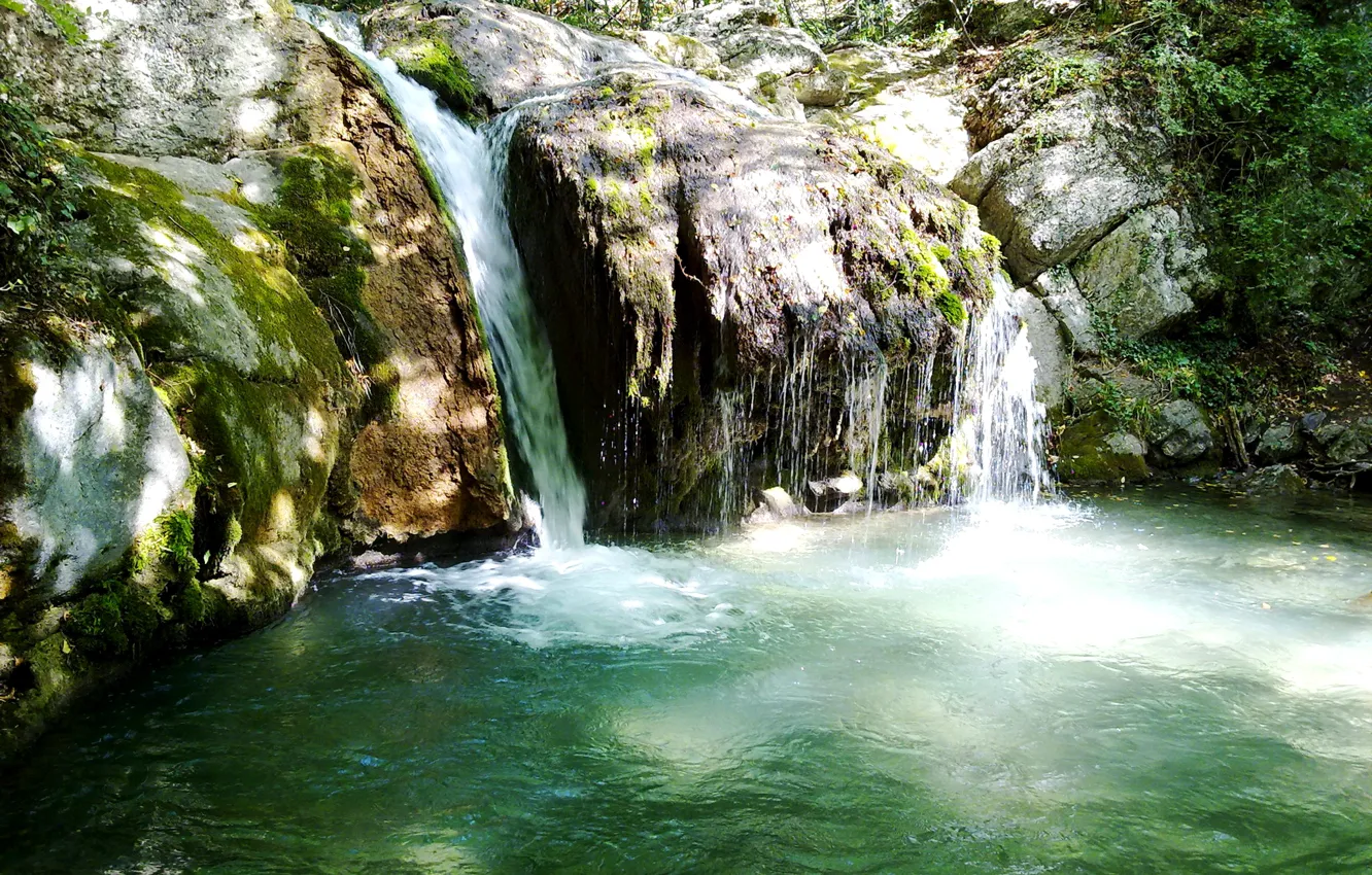Photo wallpaper forest, trees, stones, waterfall, moss, Crimea, Jur-Jur, Djur-Djur