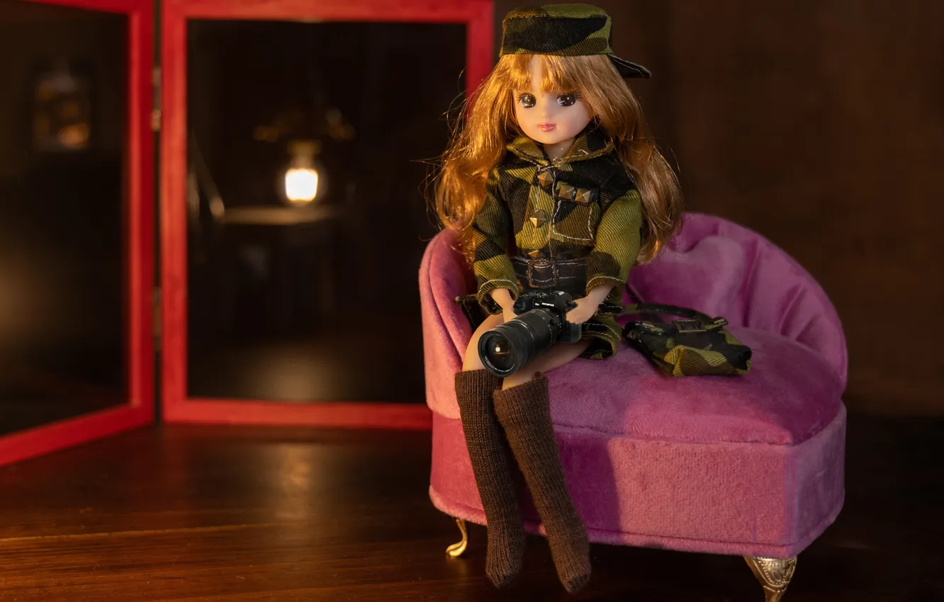 Photo wallpaper room, sofa, toy, doll, lights, photographer, outfit, doll