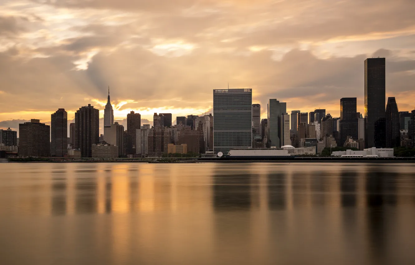 Photo wallpaper water, sunset, the city, reflection, new York, USA, new york, usa