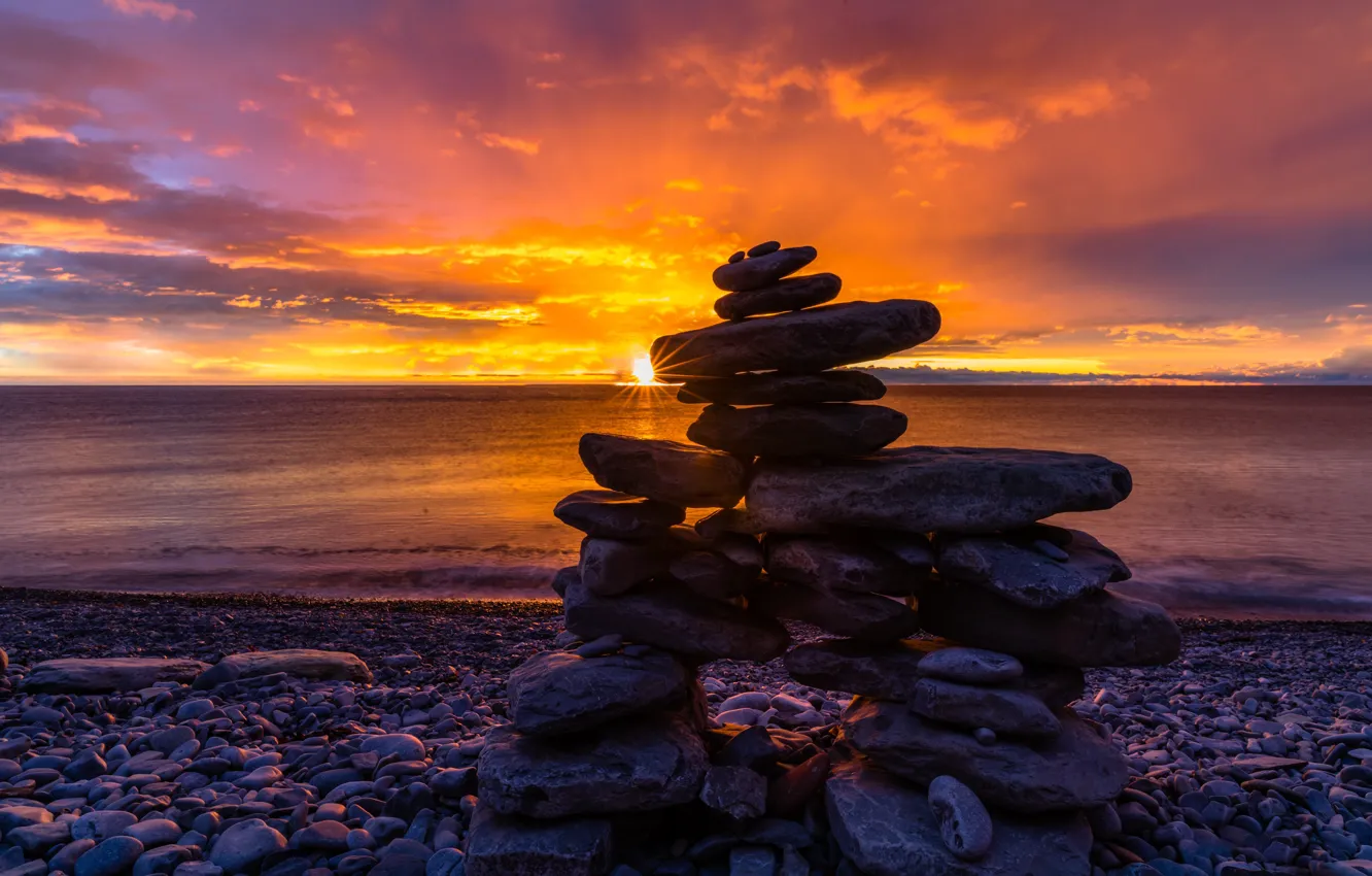 Photo wallpaper sea, the sky, sunset, pebbles, stones, shore, the evening, surf