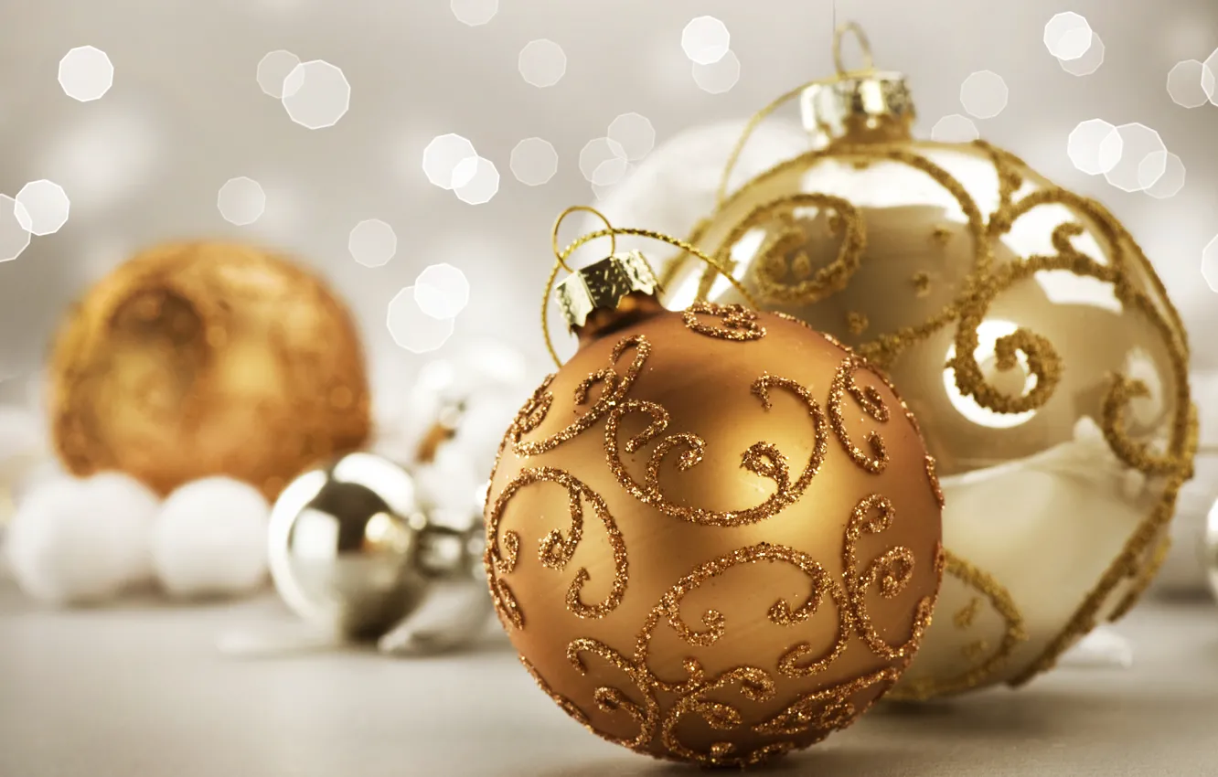 Photo wallpaper balls, gold, holiday, toy, Shine, new year, sequins, the scenery