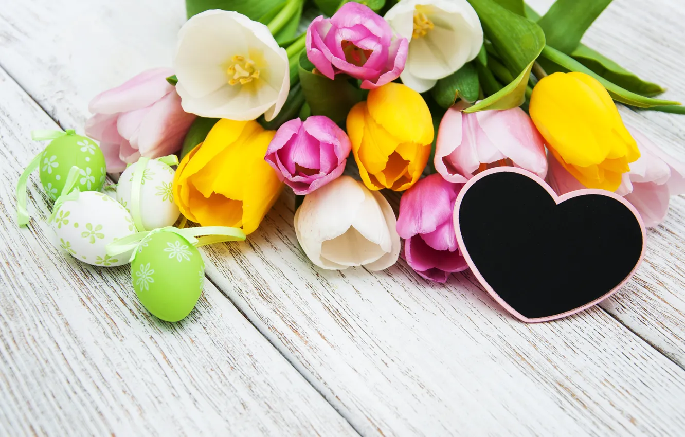 Photo wallpaper flowers, eggs, colorful, Easter, tulips, heart, wood, pink