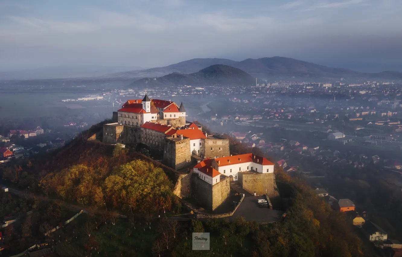 Photo wallpaper autumn, landscape, mountains, nature, fog, castle, Ukraine, Carpathians