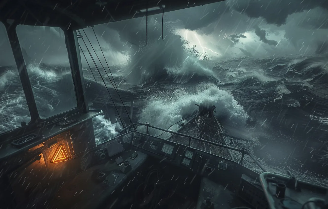Photo wallpaper sea, wave, storm, rain, lightning, ship, digital art, AI art