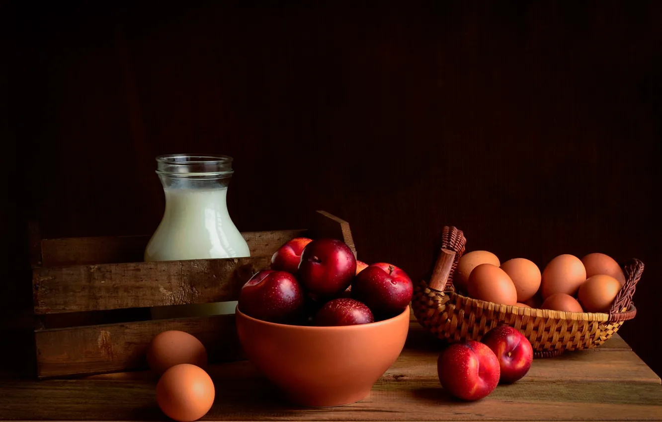 Photo wallpaper apples, eggs, milk, still life