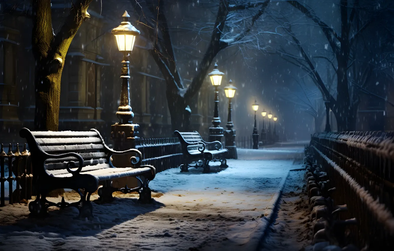 Photo wallpaper winter, snow, trees, bench, night, lights, Park, street