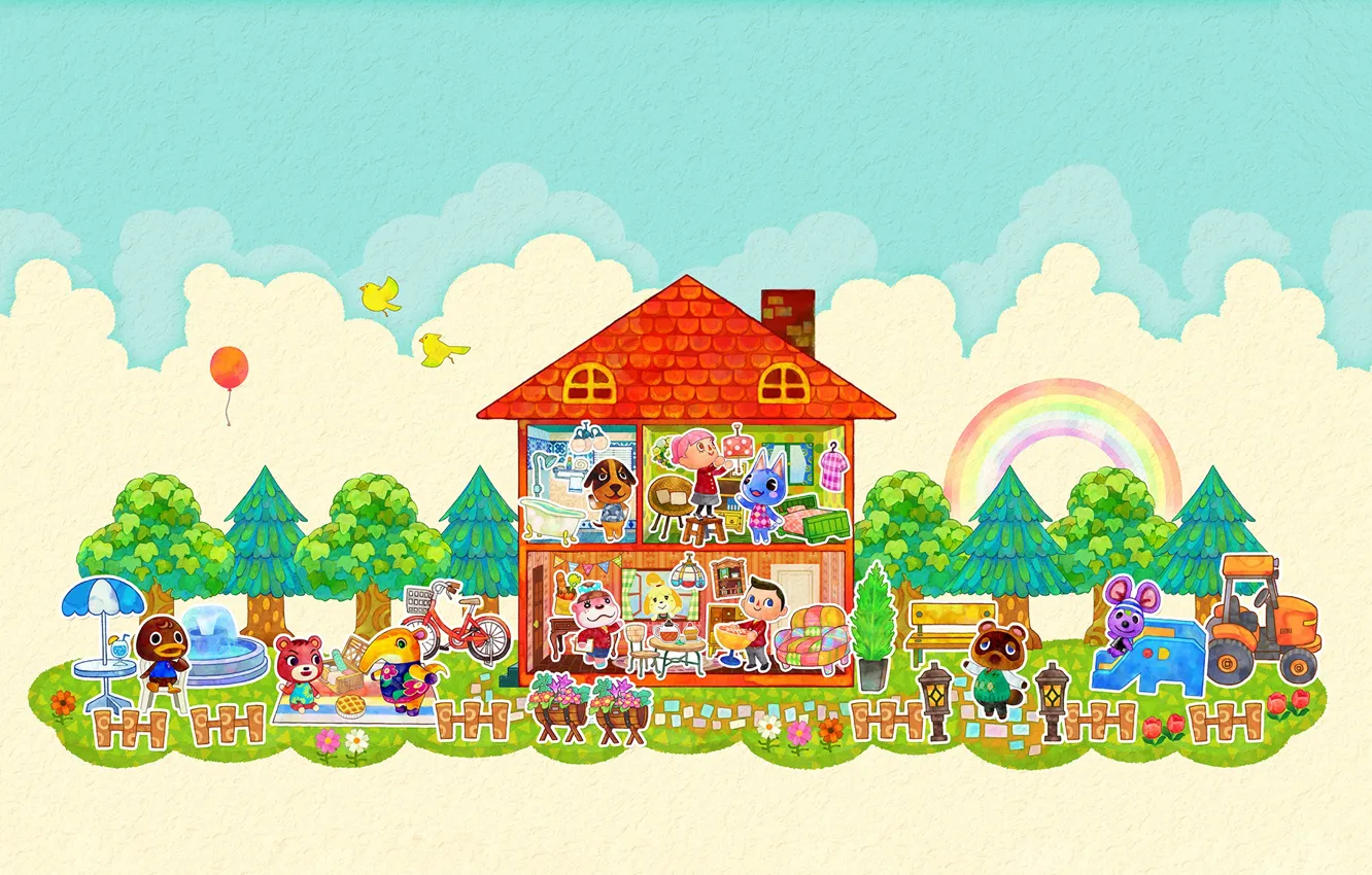 Photo wallpaper clouds, room, home, rainbow, vector, mouse, pussy, art