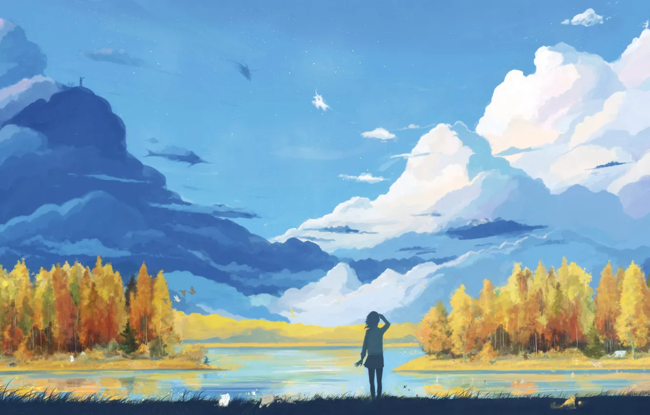 Photo wallpaper dream, water, clouds, trees, landscape, lake, figure, girl