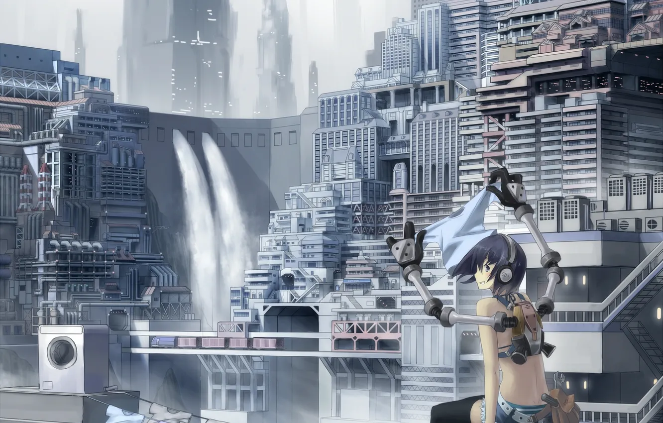 Photo wallpaper the city, anime, headphones, girl, book