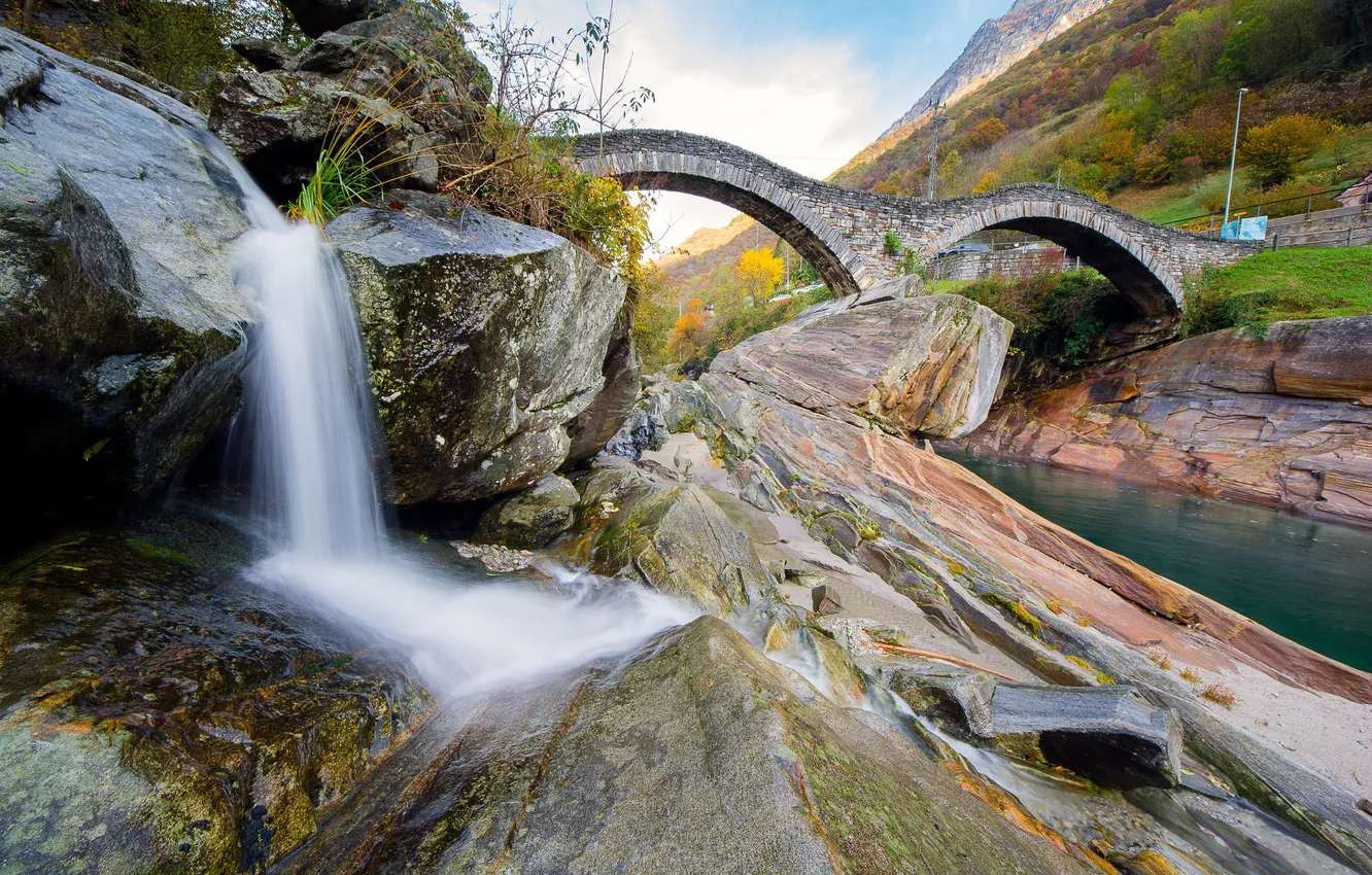 Photo wallpaper bridge, river, shore, waterfall