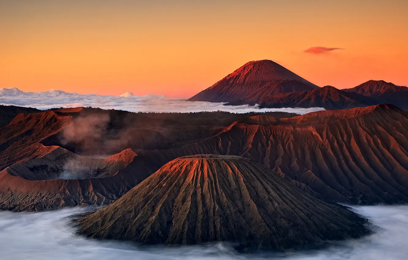 Photo wallpaper the sky, clouds, sunset, mountains, fog, the volcano, crater