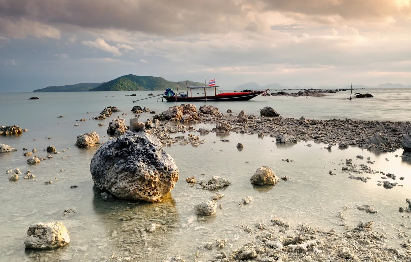 Photo wallpaper stones, boat, island, Bay