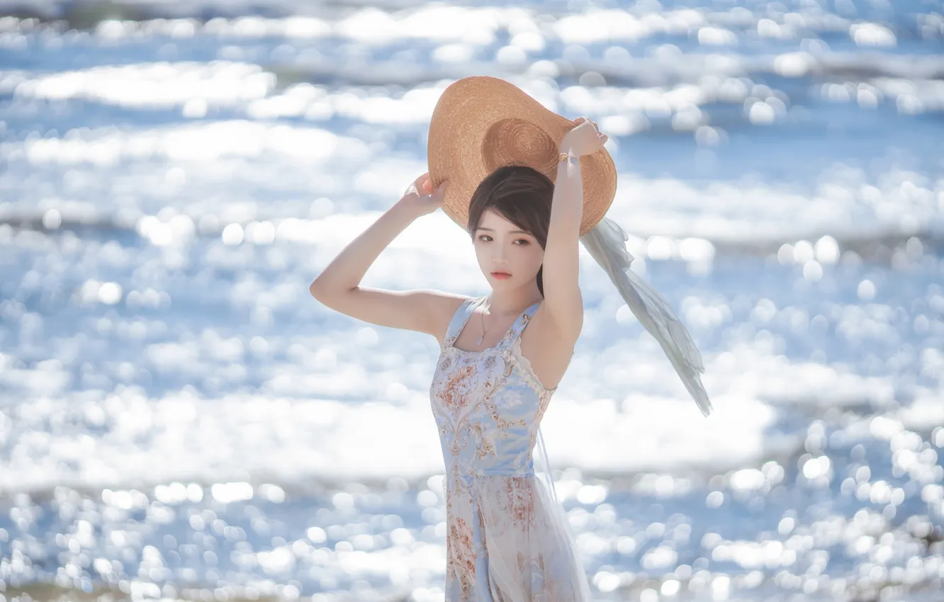 Photo wallpaper beach, sea, ocean, coast, hat, woman, water, beautiful