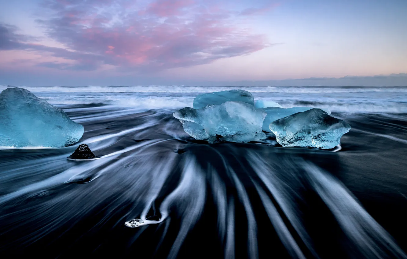 Photo wallpaper ice, winter, sand, sea, clouds, shore, ice, surf