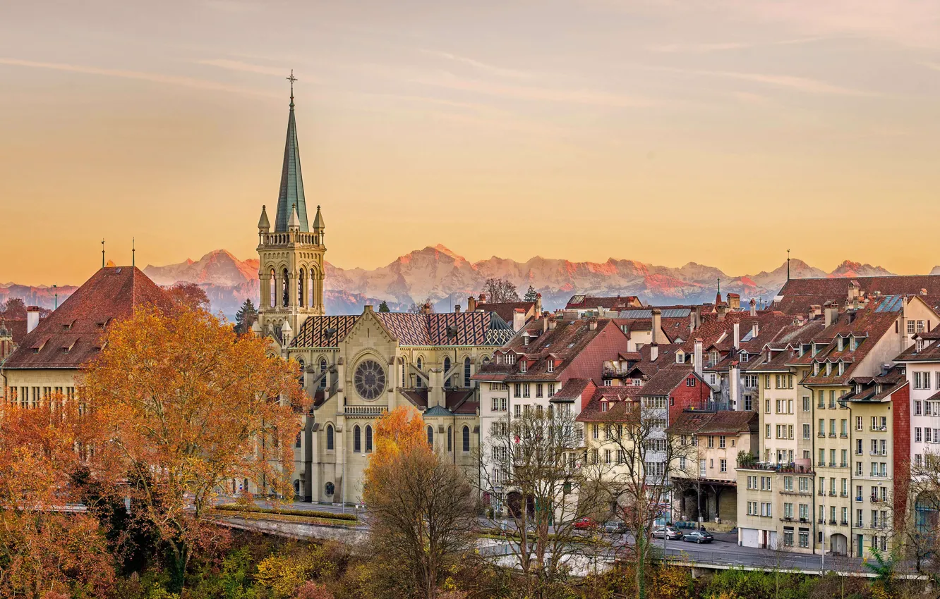Photo wallpaper autumn, Switzerland, panorama, Bern, Old Town, Cathedral of Saints Peter and Paul