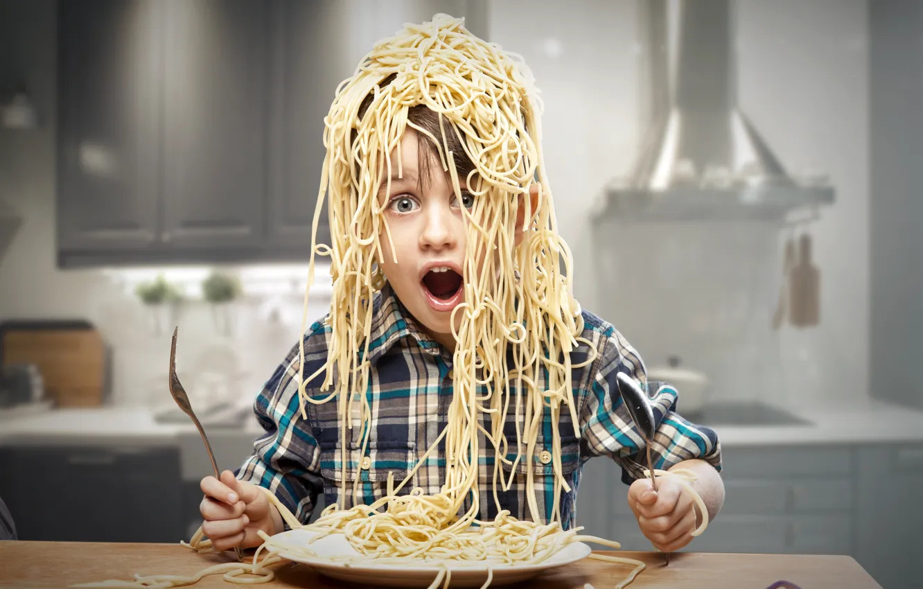 Photo wallpaper child, boy, kitchen, Creative, boy, pasta, pasta