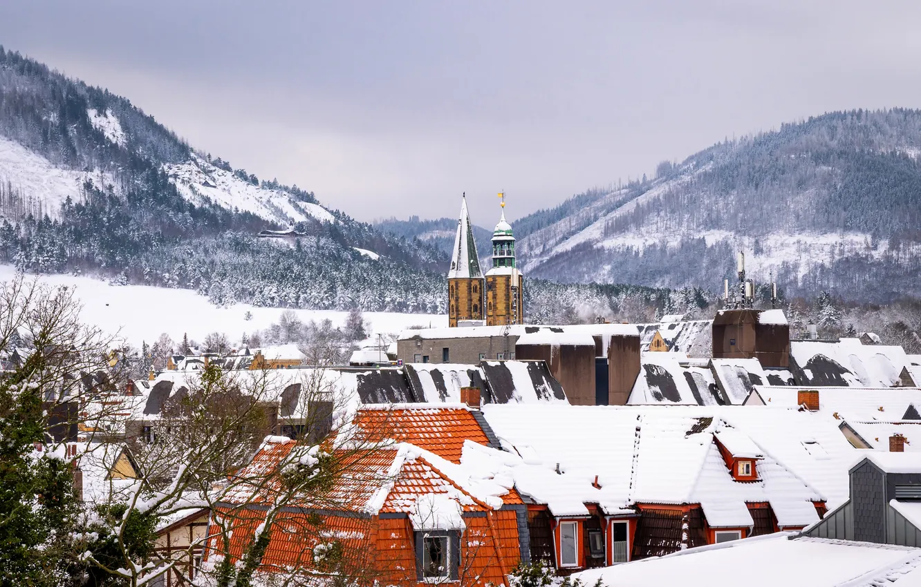 Photo wallpaper Home, Mountains, Germany, Snow, Roof, Goslar