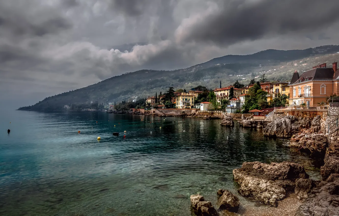 Photo wallpaper sea, forest, trees, mountains, clouds, stones, coast, home