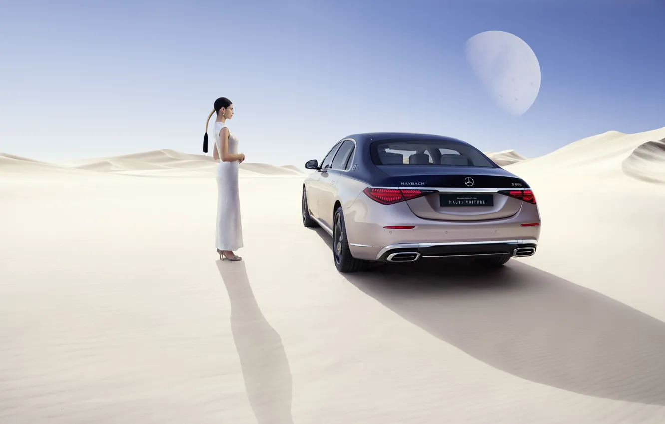 Photo wallpaper Sand, Girl, Mercedes-Maybach, 2022, Limited Edition, Luxury car, Luxury car, Mercedes-Maybach Haute Voiture