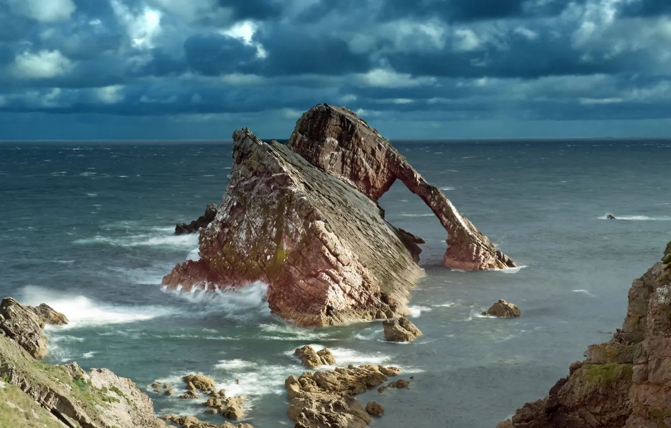 Photo wallpaper sea, wave, beach, clouds, clouds, rocks