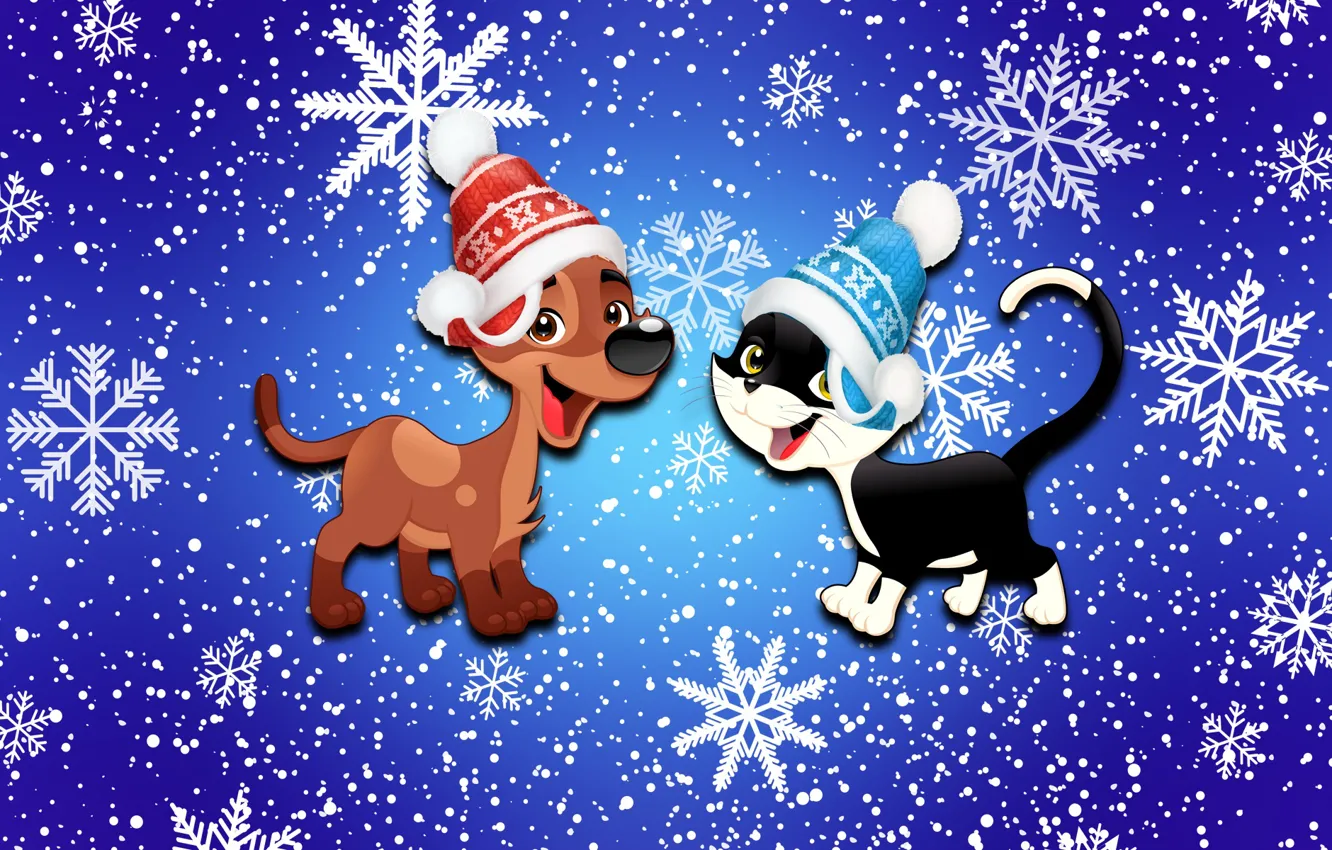 Photo wallpaper winter, cat, snow, background, holiday, hat, new year, dog