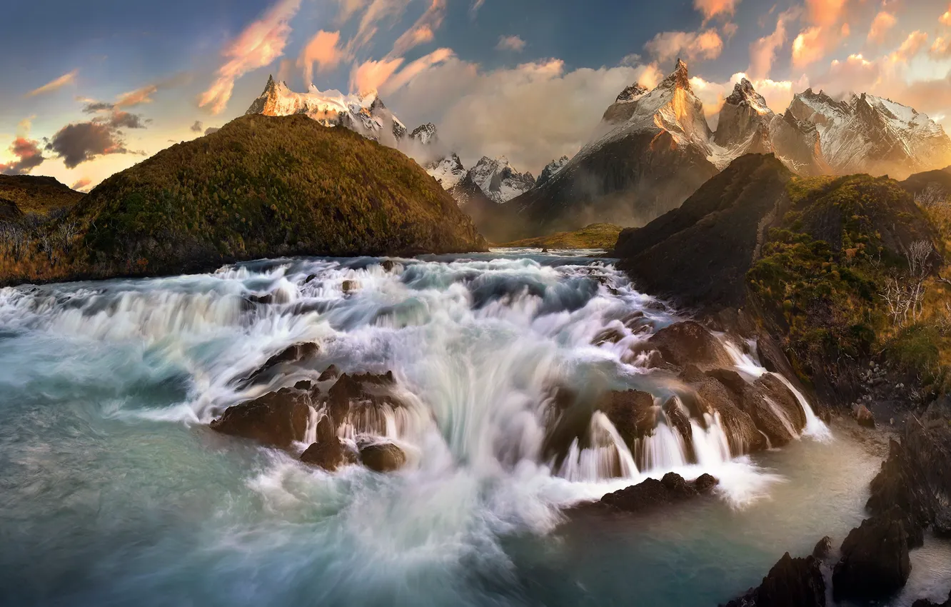 Photo wallpaper the sky, water, clouds, mountains, stones, rocks, waterfall, stream