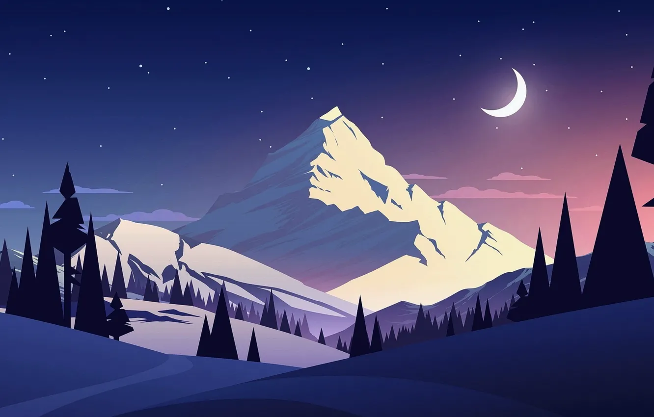 Photo wallpaper night, mountain, snow, picture, month