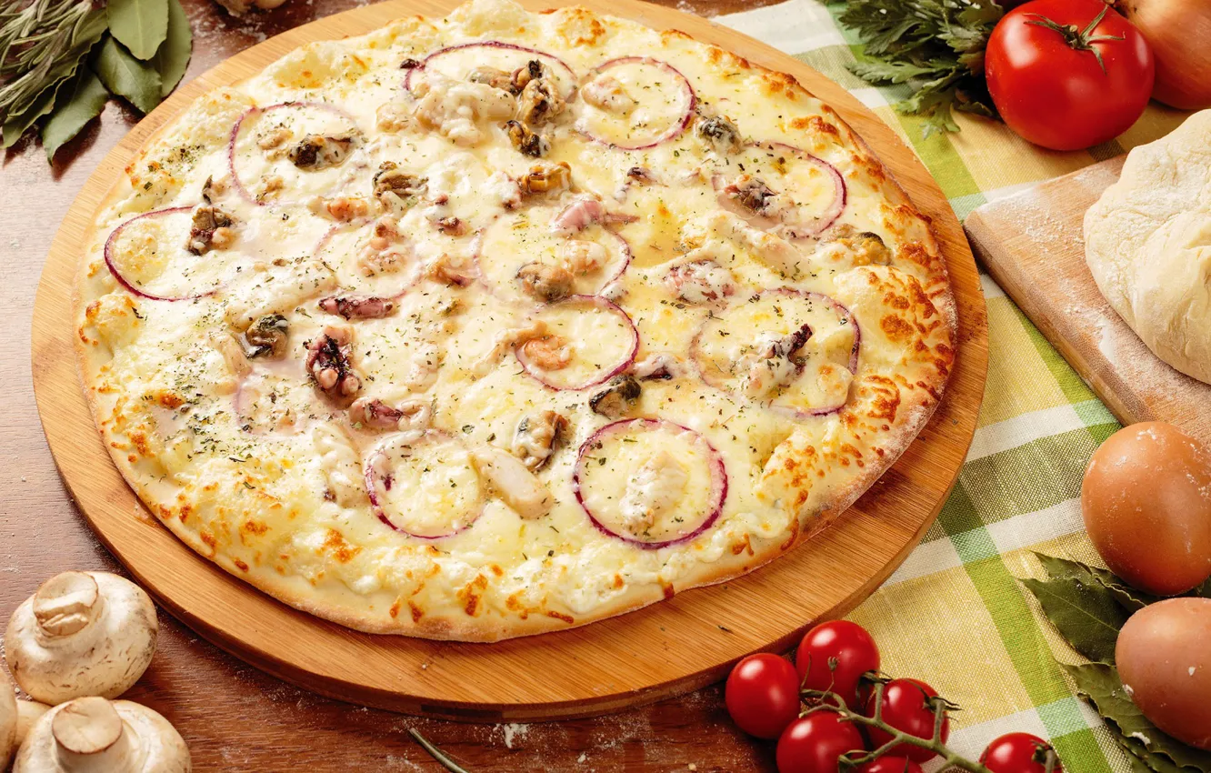 Photo wallpaper mushrooms, cheese, pizza, tomatoes