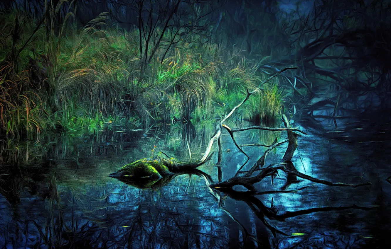 Photo wallpaper branches, river, digital painting