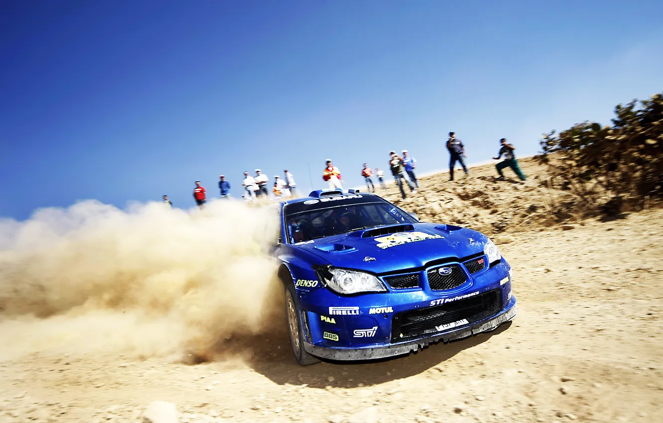 Photo wallpaper Blue, Dust, Subaru, Impreza, Machine, Skid, Day, WRC